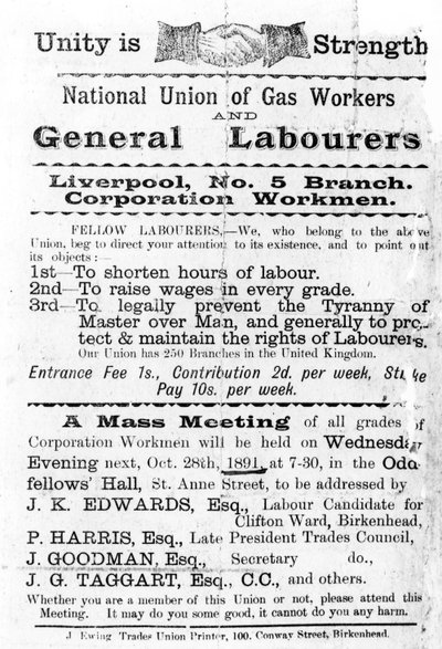 Verklaring van de Nationale Unie van Gaswerkers en Algemene Arbeiders, 1891 door English School